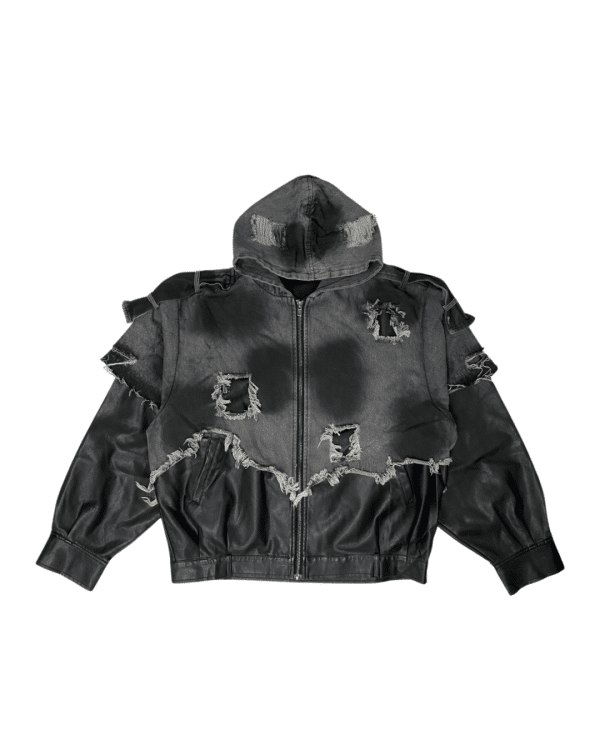 牛仔拼接皮革刷破外套