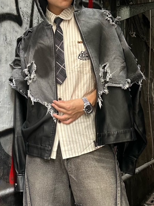 牛仔拼接皮革刷破外套